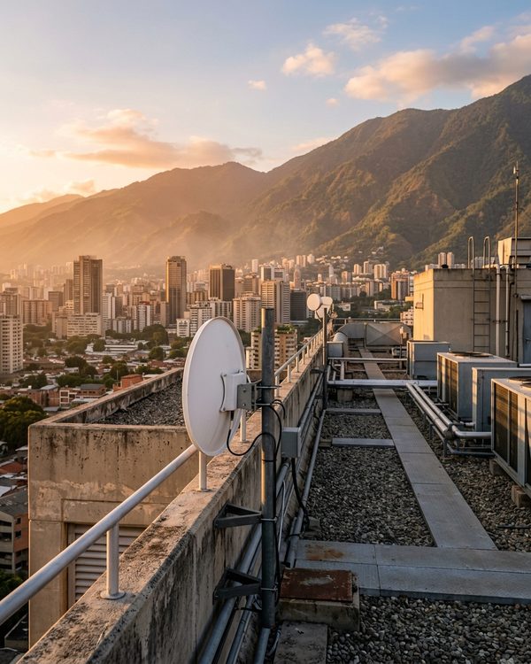 Ilustración: antena de enlace de radiofrecuencia en la azotea de un edificio corporativo
