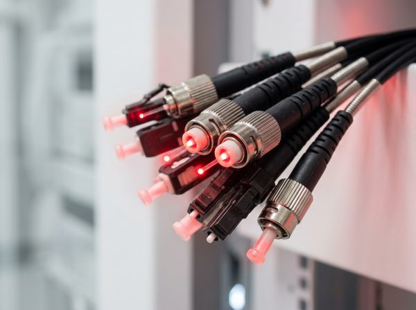 Ilustración: conectores de fibra óptica transmitiendo datos
