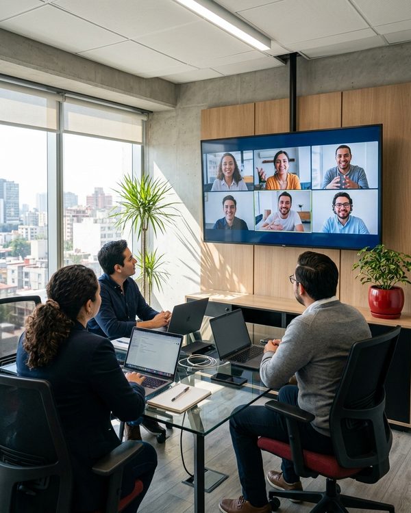 Ilustración: equipo de oficina en videollamada estable