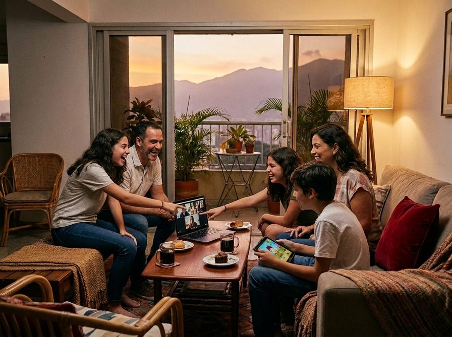 Ilustración: familia reunida en casa usando internet sin interrupciones