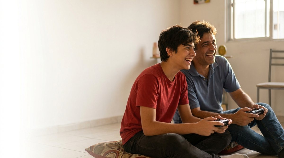 Illustration: a father and his teenage son sitting on the living-room floor, laughing as they play video games