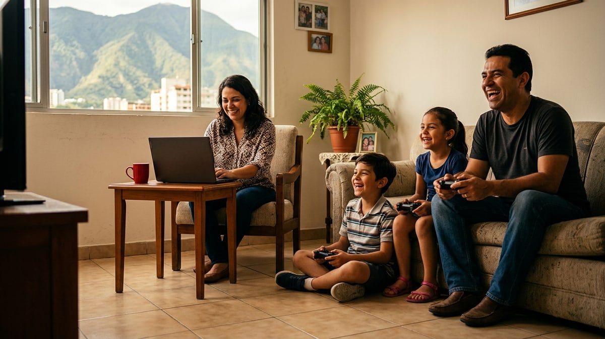 Ilustración: familia en casa, el papá y los niños jugando videojuegos y la mamá trabajando en su laptop