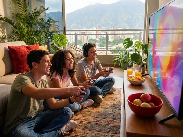 Jóvenes juegan videojuegos en la sala