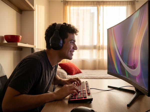 Un joven juega en línea en su computador
