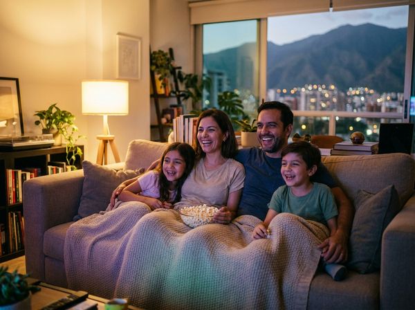 Una familia abrazada bajo una manta ve una película en casa